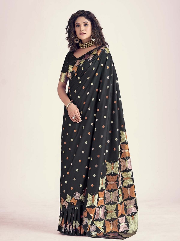 Black Soft Banarasi Silk Saree